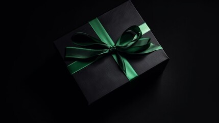 Wall Mural - Top view photo of black giftbox with green ribbon bow on isolated black background with empty space. The concept of holiday surprise for New Year or Christmas. New Year concept. Decor concept. 