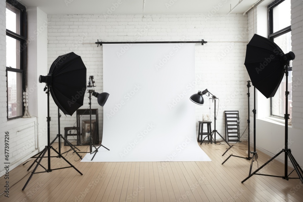 Professional photography studio featuring a pristine white roll-up ...