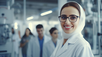 Beautiful young woman scientist wearing white coat and glasses in modern Medical Science Laboratory with Team of Specialists on bac.