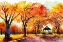 A Town Park Autumn Season Watercolor Painting Art Gazebo Enjoyment City Recreation