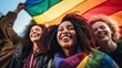 © Space_Background - close up Group of young activist for lgbt rights with rainbow flag, lesbian, rainbow, freedom, diversity, bisexual, gay, celebration, community