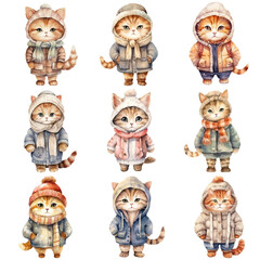 Wall Mural - cat in warm winter suit watercolor illustration, generative AI