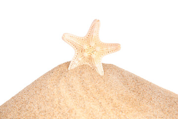 Wall Mural - Sand with beautiful sea star isolated on white