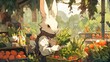 A curious and intelligent rabbit exploring a vegetable garden, sampling the fresh produce japanese manga cartoon style