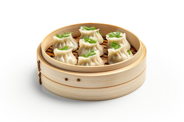 Wall Mural - Bamboo steamer with tasty dumplings on white background