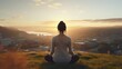 © KikkyCNX - Meditation, harmony, life balance, and mindfulness concepts.A woman sitting on a hill with grasses, meditating in silence, with the landscape of a city and bright morning sky.