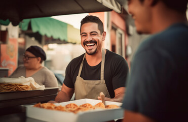 happy mexican street food worker making tacos