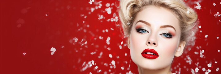 Wall Mural - Beautiful woman with confetti on an a red colored background