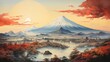 japanese art style landscape of a volcanic landscape, with steam rising from hot springs and a distant view of Mount Fuji