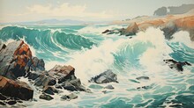 A Dramatic View Of A Rocky Coastline With Towering Cliffs, Where Waves Crash Against The Rocks With Force, Japanese Art Style Landscape