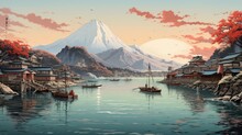 Japanese Art Style Landscape Of Seascape Of A Fishing Village With Traditional Boats Docked Along The Shore