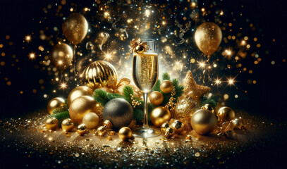 Champagne glass adorned with Christmas baubles, set against a starry holiday background with glitter and twinkling lights. The scene portrays a golden. happy new year.