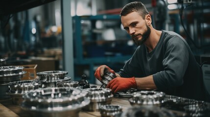 Wall Mural - Male factory worker is assembling car parts for car production