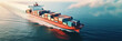 cargo maritime ship with contrail in the ocean ship carrying container and running for export concept