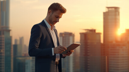 Attractive business man working on tablet . night city background ,copy space