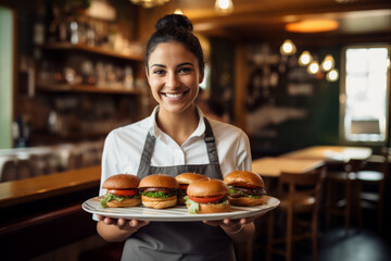 A woman holds a plate of burgers in a restaurant, presenting uniformly staged images, exuding joy and optimism.