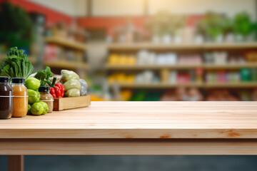 Wall Mural - Top of surface wooden table with blurred grocery store  background.