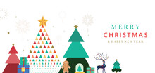 Christmas Geometric Banner Background With Christmas Tree,reindeer.Editable Vector Illustration For Postcard,horizontal Size