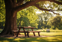 Wooden Table For Family Picnic Under Big Tree In Green Public Park.