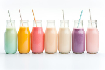 A row of glass milk bottles, each one filled with a different colorful smoothie. Healthy and refreshing. Isolated White Background