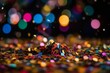 confetti falling on the floor in front of a colorful background with bokeh defocused lights, party and celebration concept, new year, birthday or carnival, cleaning trash after celebrate