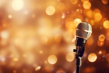 Close up of microphone in concert hall with blurred lights at background. Garland lamps or flashlights in a blurry bokeh.