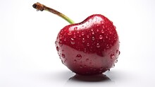 A Red Cherry With Water Droplets Isolated On White Background