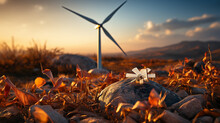 Wind Turbine At Sunset HD 8K Wallpaper Stock Photographic Image 