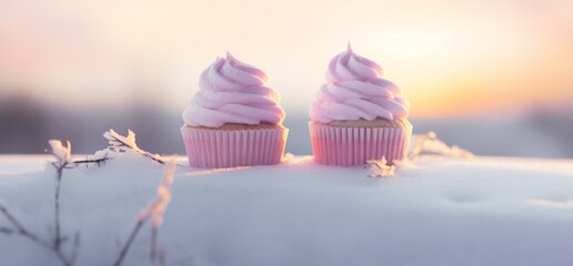 two cupcakes with pink frosting on snow