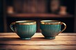 two teal and gold coffee cups on a wooden table