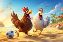 Illustration Of A Chickens  Playing Ball On The Beach
