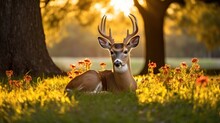 A Deer Lying In Grass With Flowers And Trees In The Background