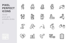 Childbirth Line Icon Set. Woman Breastfeeding Baby, Postpartum Support, Birth Position, Pregnant Minimal Vector Illustration. Simple Outline Sign For Doula Service 30x30 Pixel Perfect Editable Stroke
