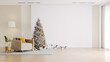 © LEKSTOCK 3D - Christmas and happy new year with Minimal interior lliving room ,christmas tree ,white wall background ,wood floor ,3d render