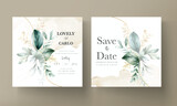 Fototapeta Sypialnia - Floral engagement invitation template with leaves watercolor
