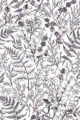 Wall Mural - Forest seamless pattern. Vertical. Vegetable background with conifers, ferns, cones, berries. Botanical illustration. Art line style. Black. Outline, no fill.