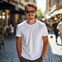 Wall Mural - Good looking man wearing blank t-shirt for mockup