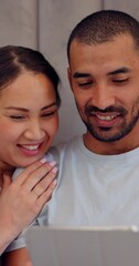 Sticker - Couple, tablet and smile in bedroom for social media, download movies and streaming internet show. Face of happy woman, man and scroll for digital technology, online shopping and connection in bed