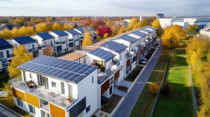 Wall Mural - Eco-friendly apartment buildings with solar panels on roofs surrounded by autumn trees. Apartment buildings with environmentally friendly large batteries on rooftops on edge of multi-colored trees