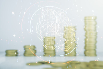 Wall Mural - double exposure of creative artificial intelligence interface on growing stacks of coins background.