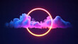 background with glowing lights, 3d render, abstract cloud illuminated with neon light ring on dark night sky. Glowing geometric shape, round frame