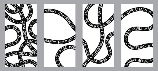 Christmas background with black threads. Black stripes with holiday text.