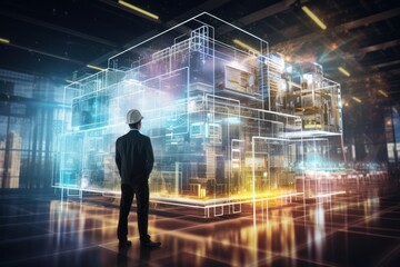 Aufkleber - Future building construction and inventive engineering project concept with HUD hologram graphic design. Building engineer,