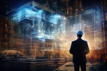 Poster - Future building construction and inventive engineering project concept with HUD hologram graphic design. Building engineer,