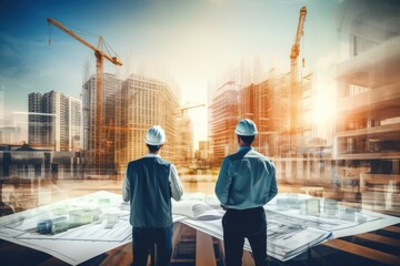 Aufkleber - Future building construction engineering project concept with graphic design exposure architects or construction workers working with modern civil engineering equipment technology.