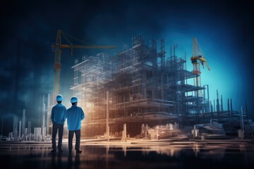 Aufkleber - Future building construction engineering project concept with graphic design exposure architects or construction workers working with modern civil engineering equipment technology.