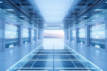 Poster - technologist of large data center using laptop standing in warehouse, activating servers