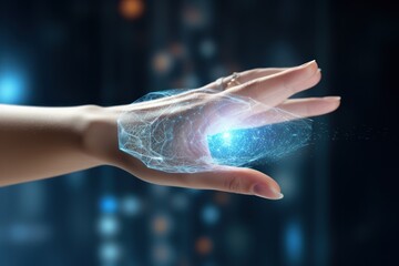 Poster - future technology concept,Woman's hand touching. Metaverse universe. Digital transformation concept for the next generation technology