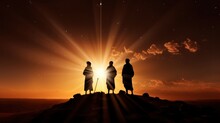 Silhouettes Of Shepherds With Goat Looking Into Sky At Bethlehem Star At Night Thick Darkness In Middle Of Desert. Bethlehem Star Rises High In Sky. Attention Of Shepherds Riveted To Bethlehem Star
