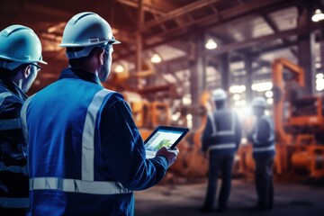 Poster - Team of two civil engineers or professional technicians in hard helmets using blueprints on digital tablet working at industrial plant.